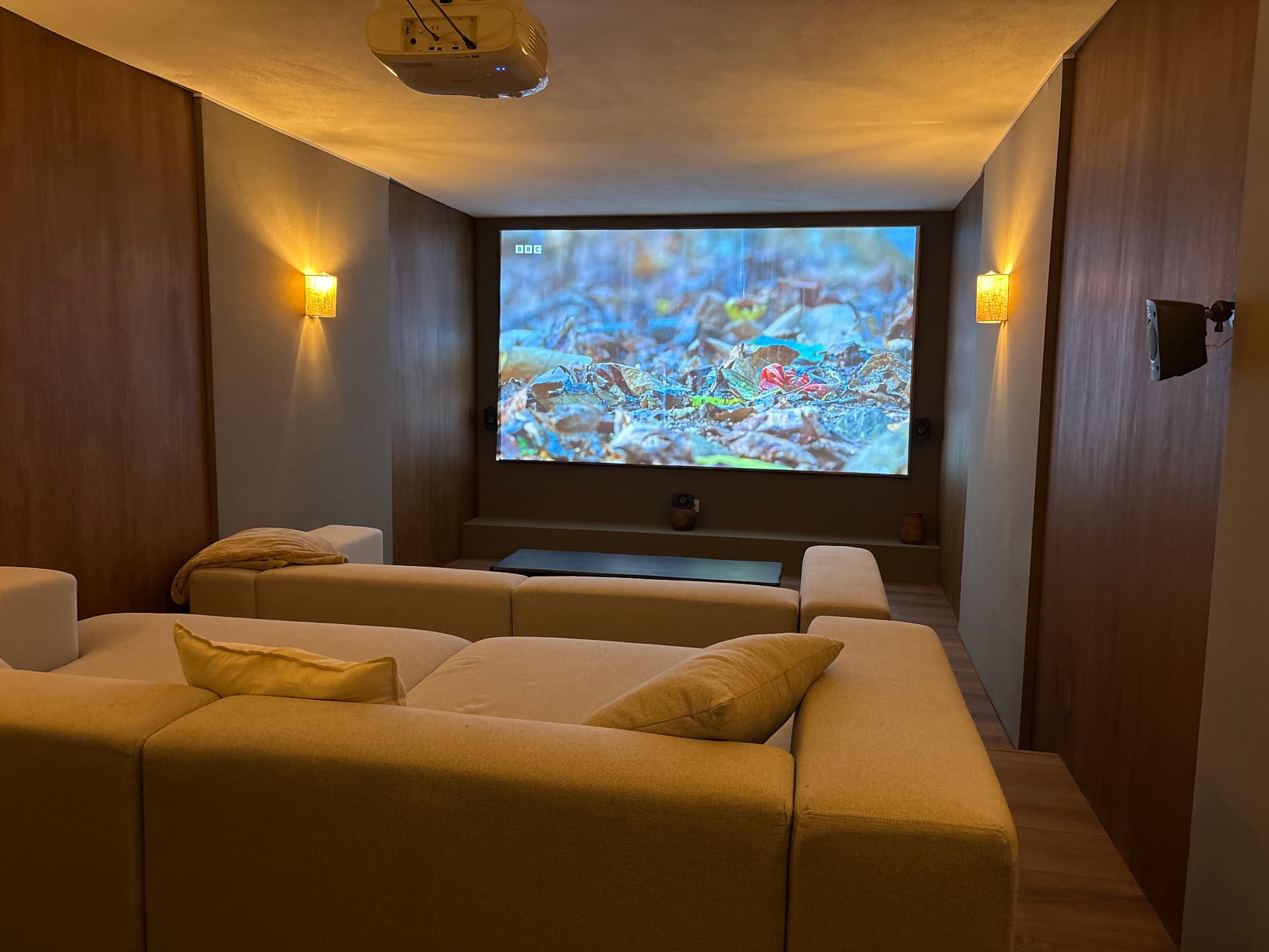Private movie room with projector, large screen and plush modular sofas